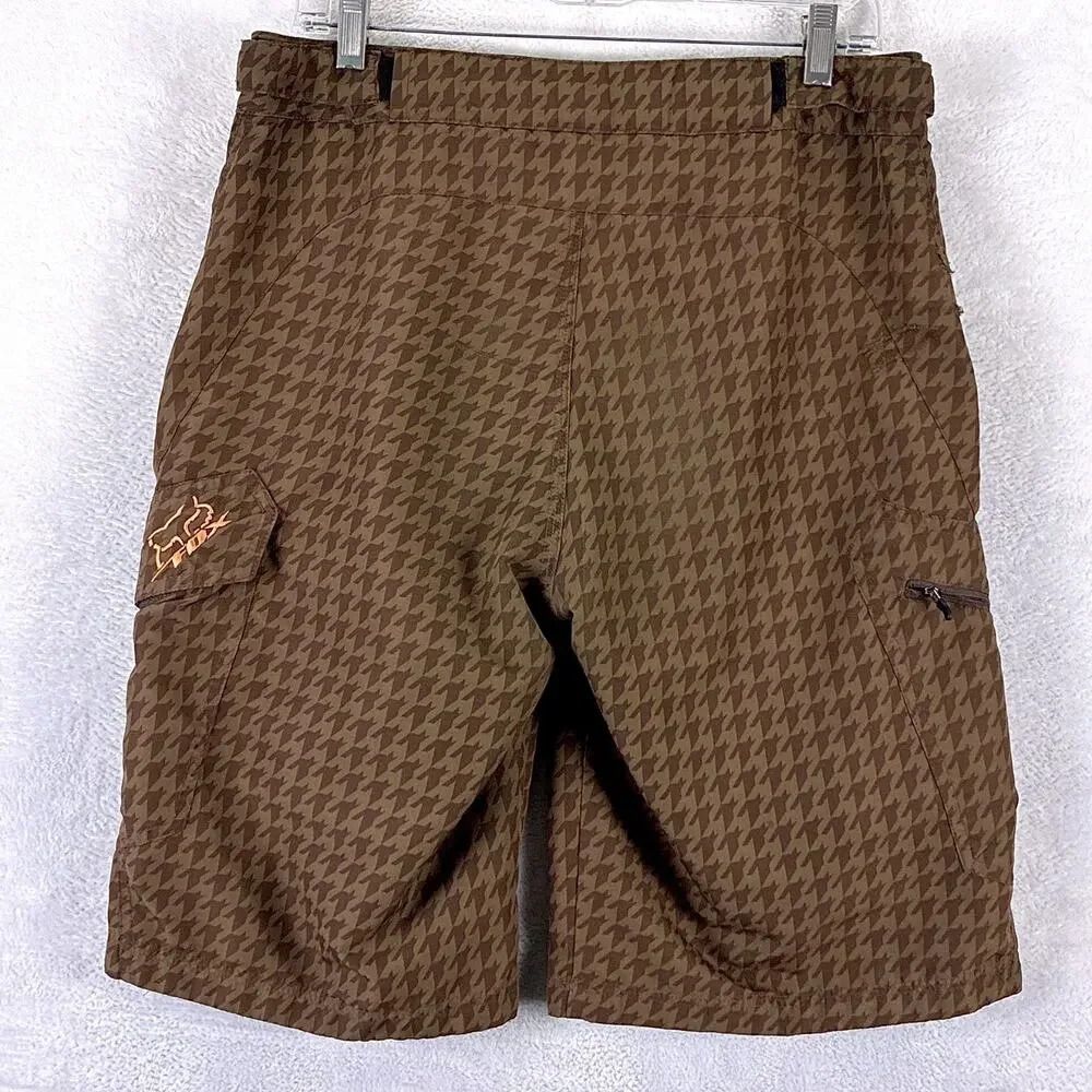 VTG Fox Racing Cargo Shorts Mens 32 Brown Houndstooth w/ Chamois Cycling MTB Y2K
